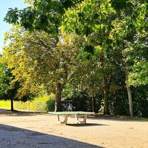Hier sieht man den Schulhof mit Tischtennisplatten und Fußballtorwand.